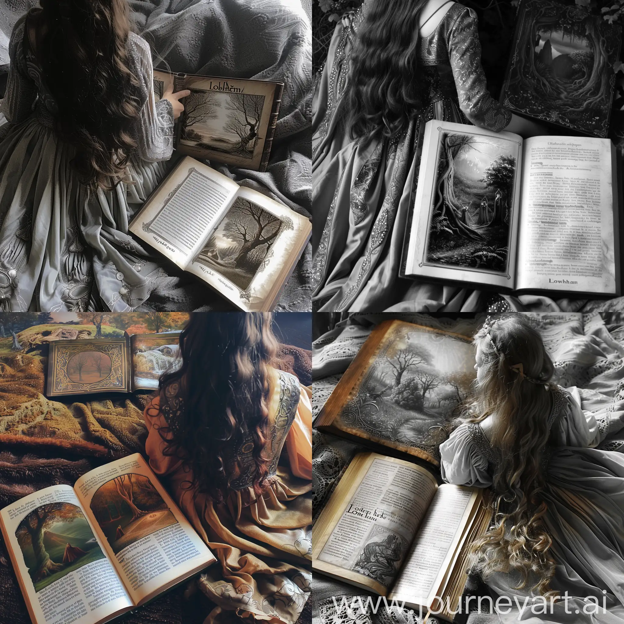 the book is open there is a picture about Lothlórien, elves and trees, a book on the girl’s lap, the girl has a long elven dress and her hair is down

