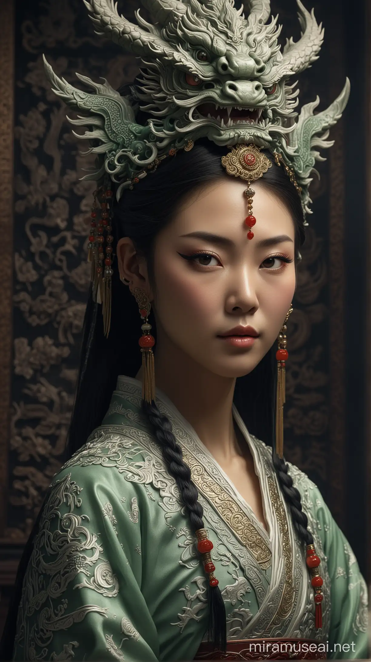 A Chinese Empress in traditional dress and headdress.gteen jade dragon carving background,rule of third, darkness electronic,photo realistic,cinematic,HDR.