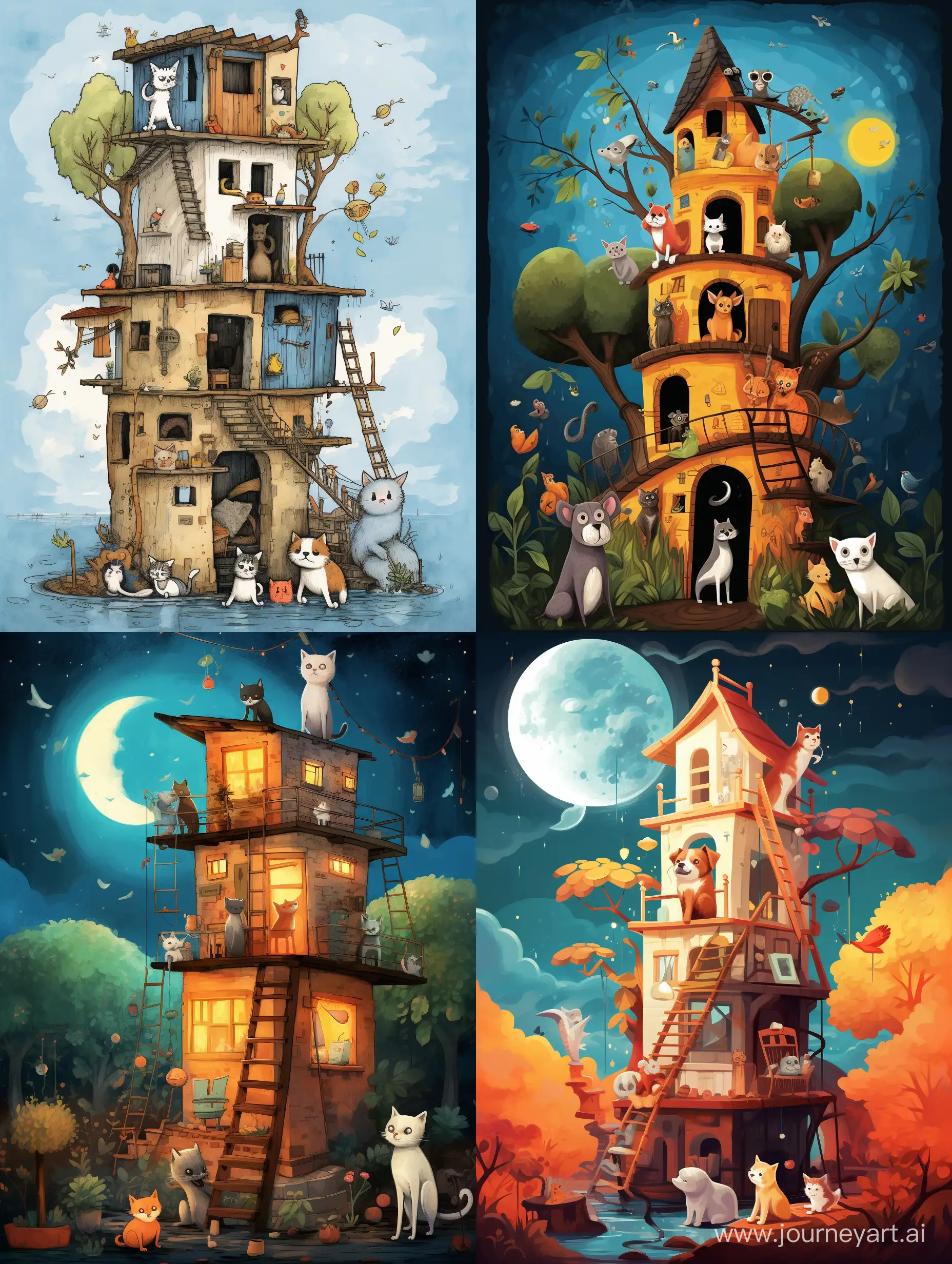 illustration for fairytale, tiny mischievous monkey and tiny friendly dog are building the tallest house of cards in a land of endless wonders