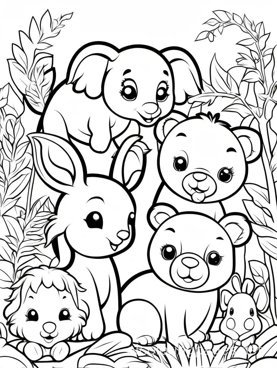 Adorable baby animals playing with other baby animals, Coloring Page, black and white, line art, white background, Simplicity, Ample White Space. The background of the coloring page is plain white to make it easy for young children to color within the lines. The outlines of all the subjects are easy to distinguish, making it simple for kids to color without too much difficulty