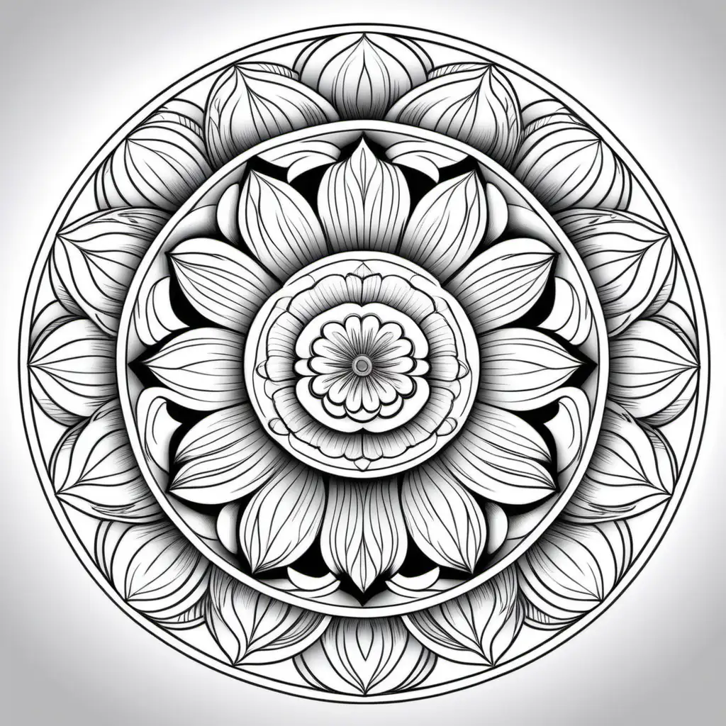 Floral Mandala Coloring Design with Intricate Symmetry and Diverse Flowers