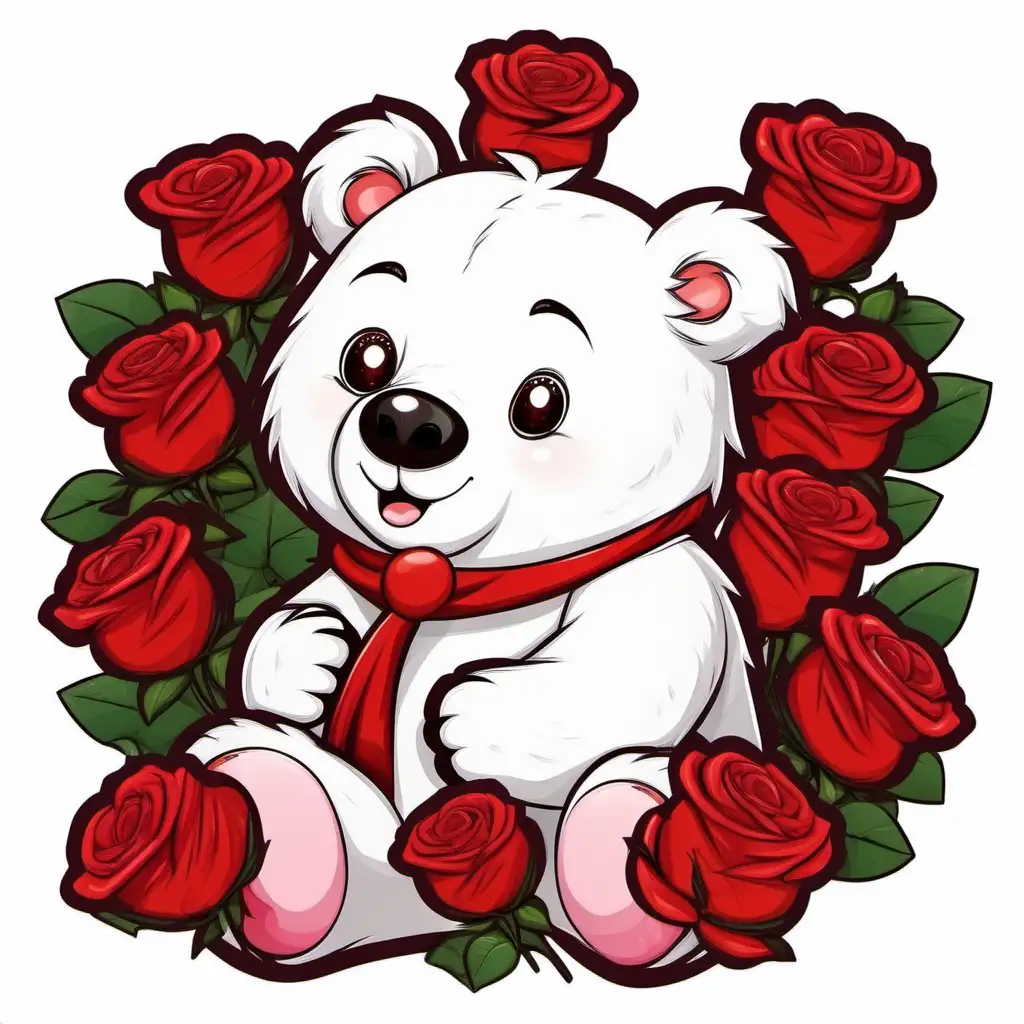 Adorable White Bear Surrounded by Vibrant Red Roses Cartoon | MUSE AI