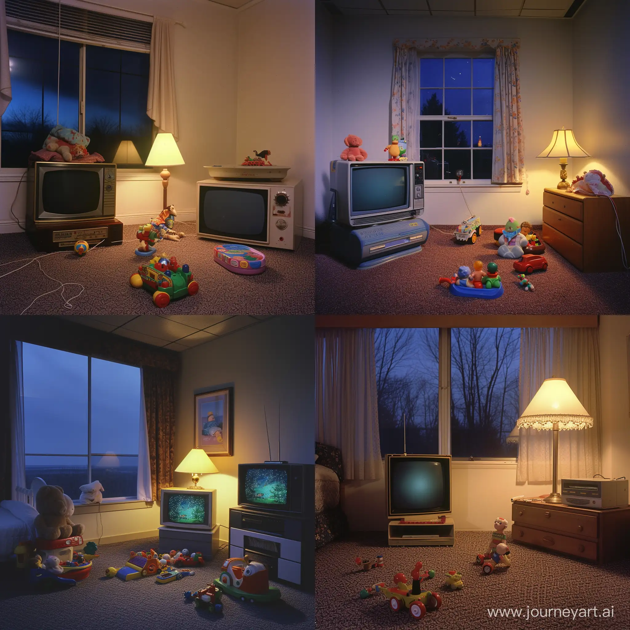 Bedroom with window, night time, circa 1990s, TV, lamp, toys on carpet 