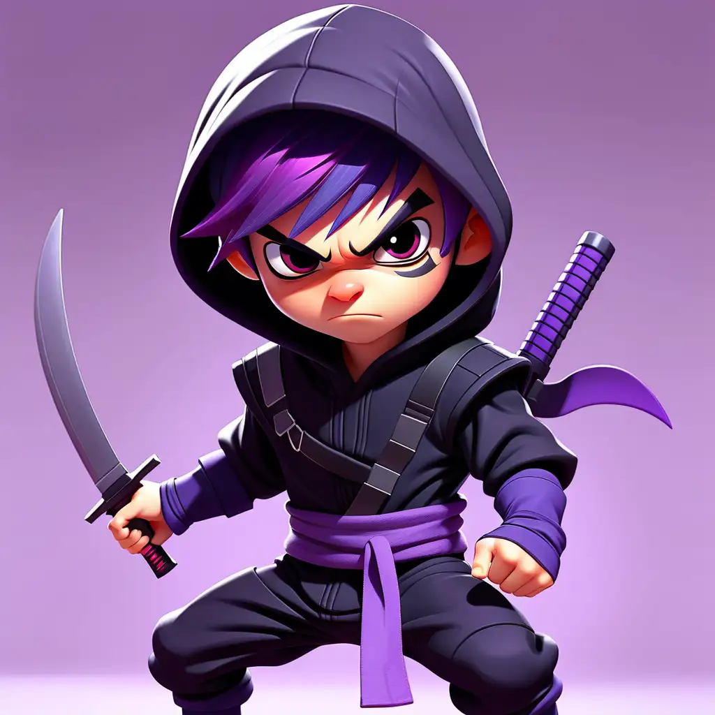 A cute ninja boy, purple hair under his hood, wearing a black ninja suit, holding weapons
