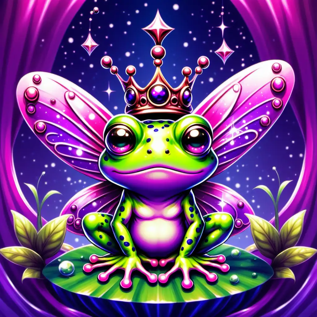 create a cute image of kawaii frog with a fairy with a magenta, deep purple, and royal Picasso style background