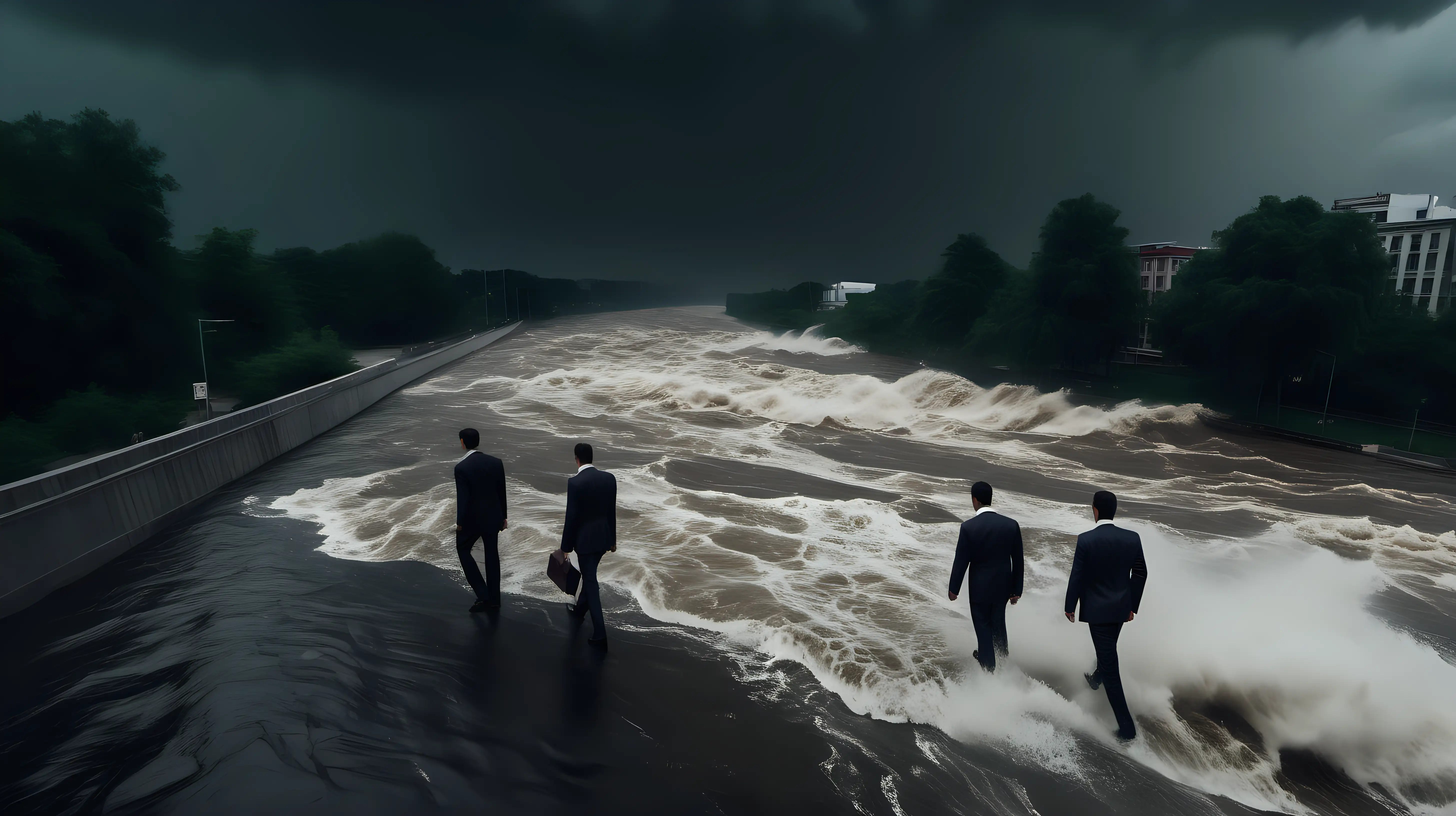 Corporate Professionals Striding Along Stormy River Bank