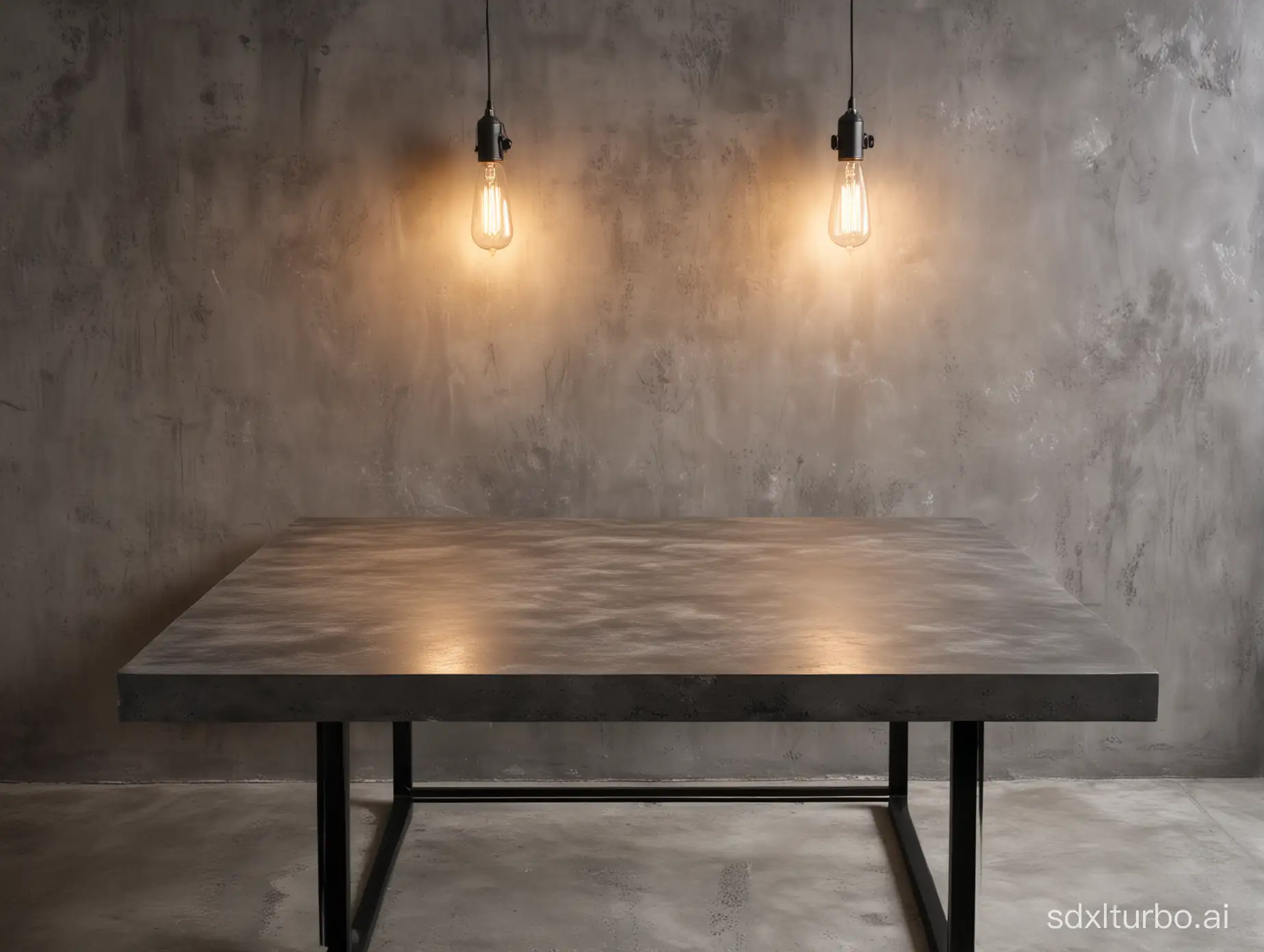 create a beautiful and well-lit light environment, with a beautiful large and deep light gray table in front seen slightly from above and empty behind it a beautiful black counter, in the background a light burnt cement wall,