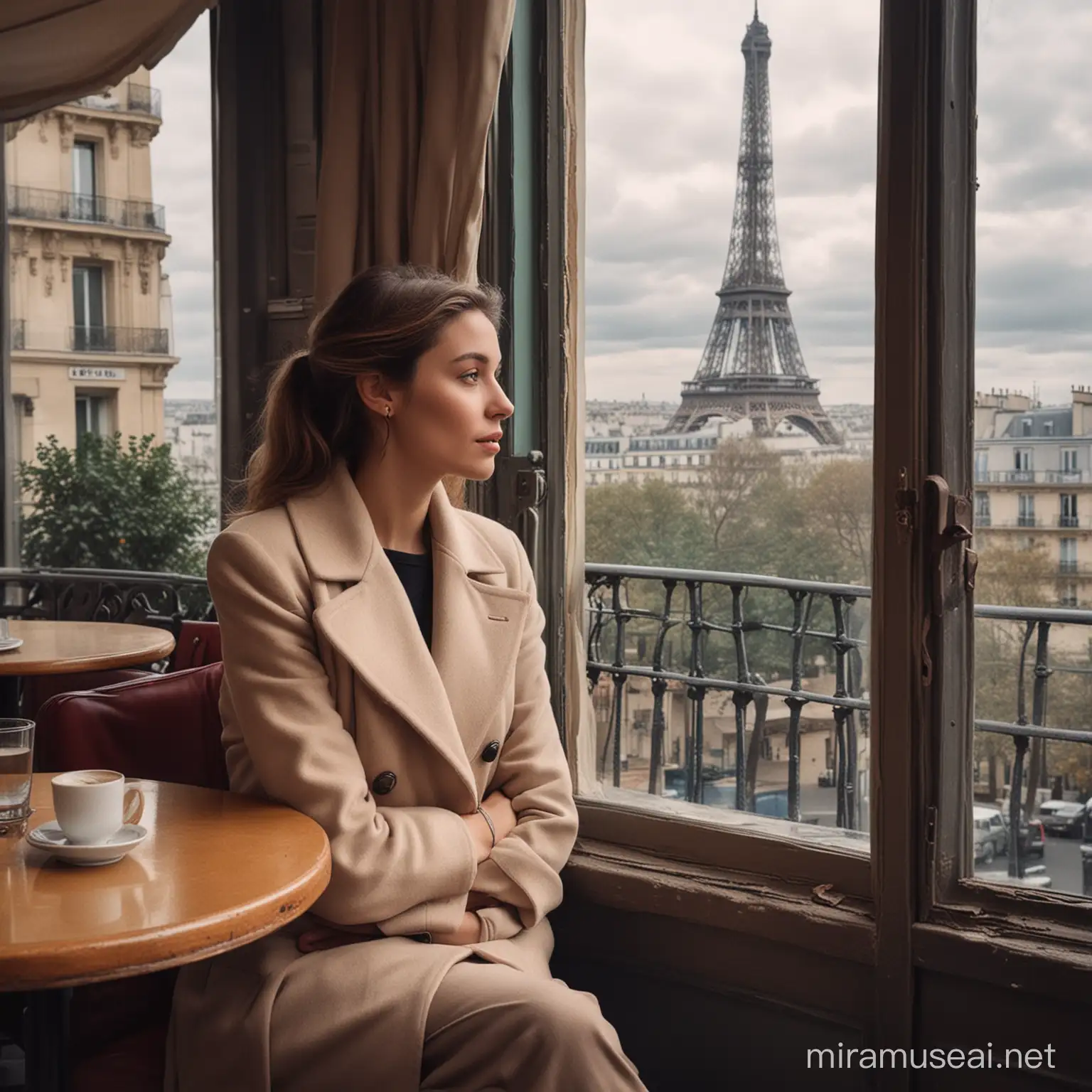 color picture of a mysterious woman sitting inside a French café in Paris, wearing a coat. She must have  her hands in her pockets, and be looking out of a large window overlooking the Eiffel tower