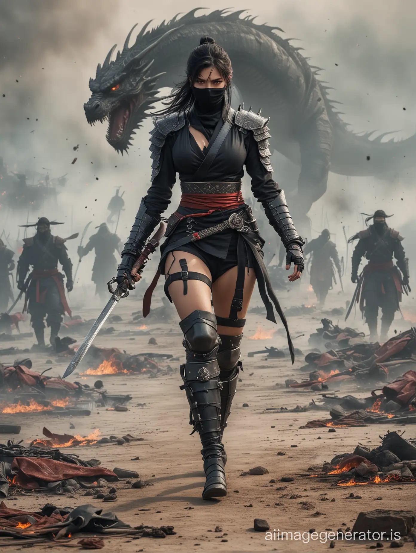 scantily dressed female ninja walking over a battlefield. The battle has been won, smoke everywhere. Dead bodies on the floor. no other people in picture. Eyes of the big dragon watching her.