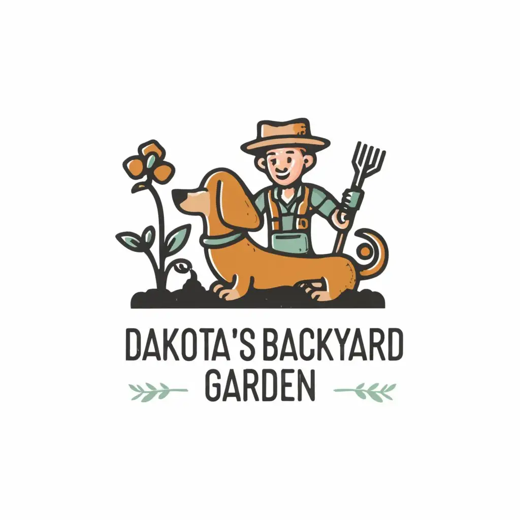 a logo design, with the text 'Dakota's Backyard Garden', main symbol: A dachshund and man gardening, man is holding a hose, complex, to be used in Education industry, clear background