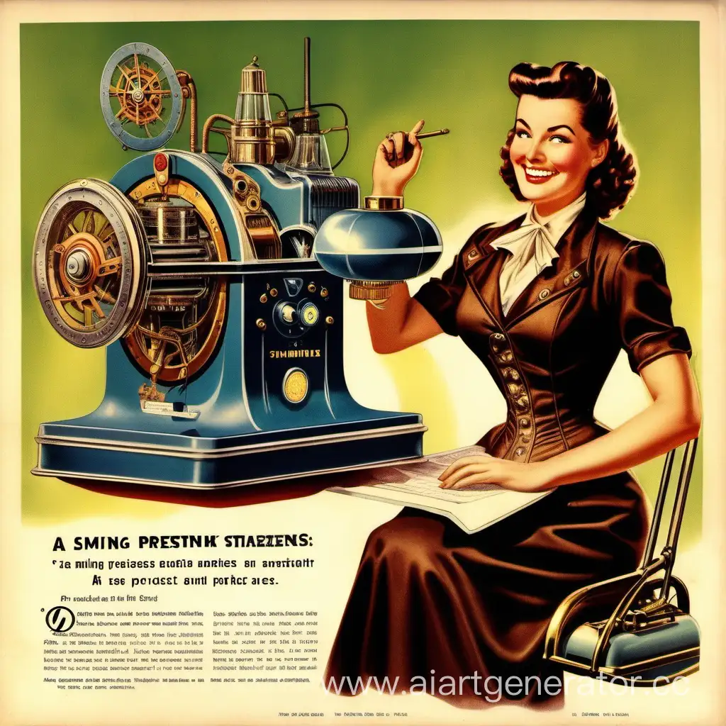 1950 USA vieille publicité une femme souriante présente une machine steampunk produisant des arcs électriques style photo realiste