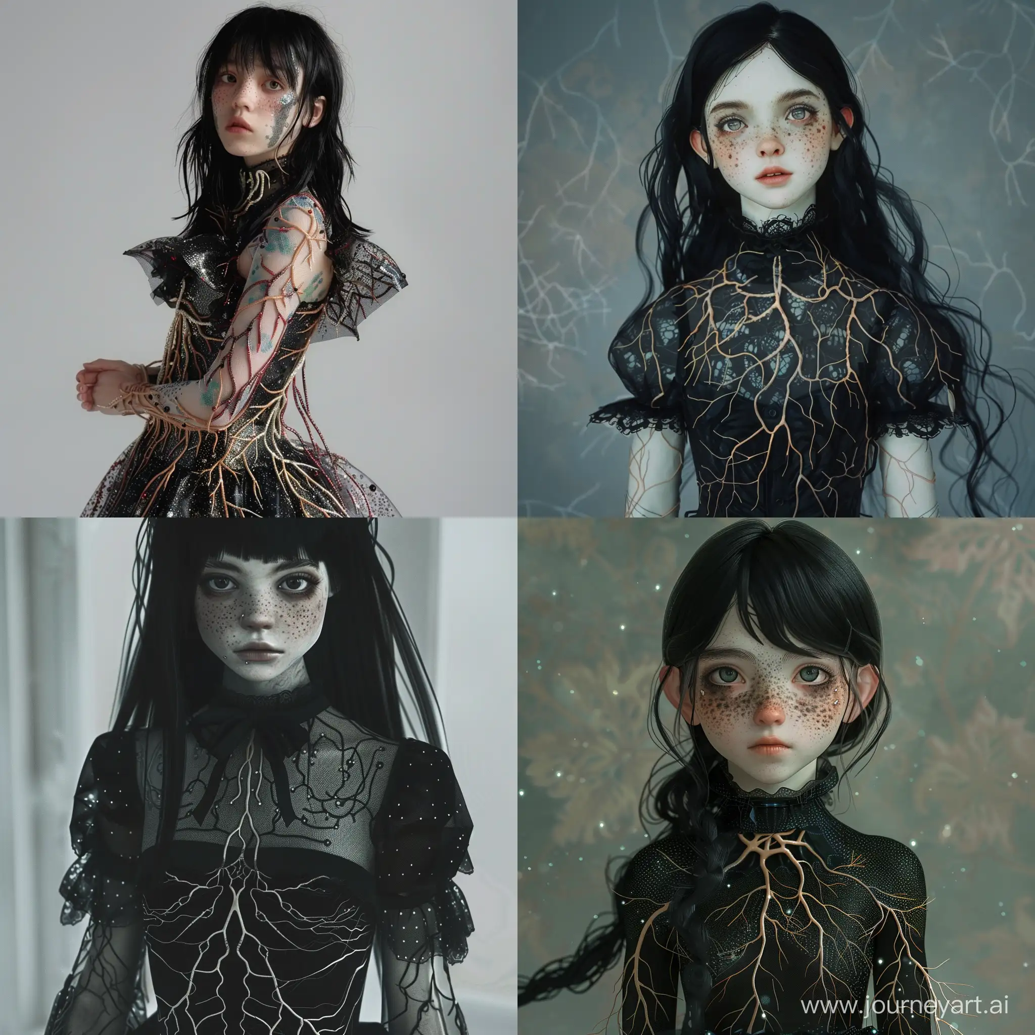 Futuristic-Gothic-BlackHaired-Girl-with-Freckles-in-Neural-Pattern-Dress