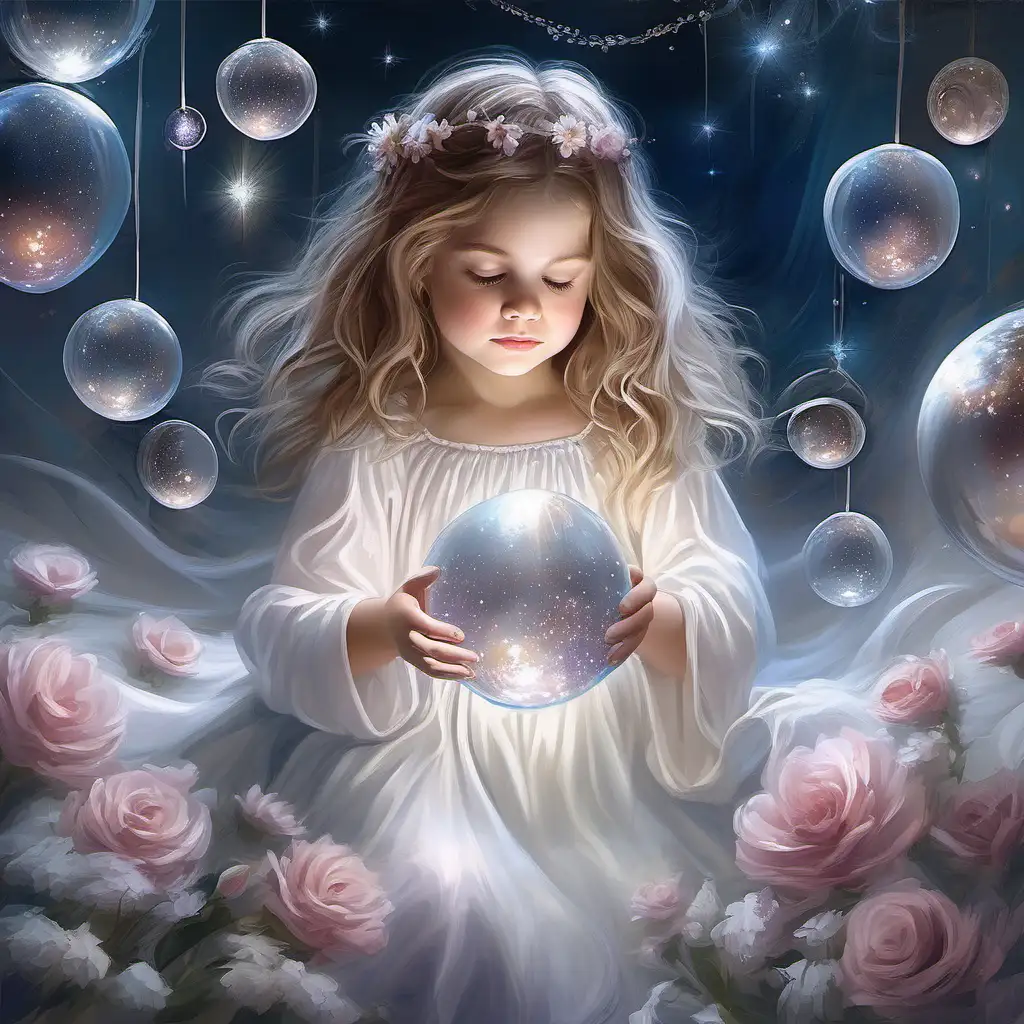 Enchanting Young Girl Admiring a Radiant Crystal Orb in Angelic Attire