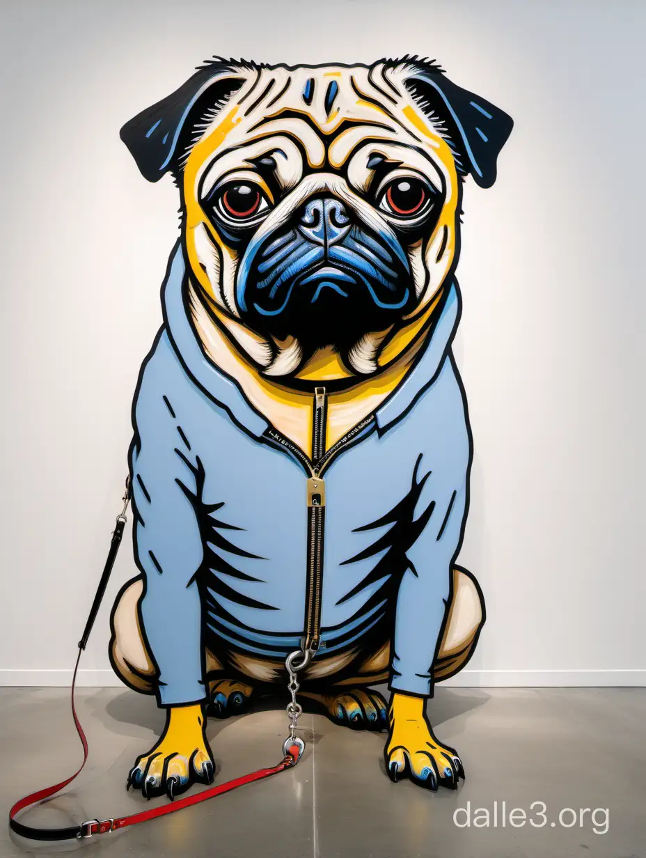 Jean-Michel Basquiat painting of a pug dog on a leash