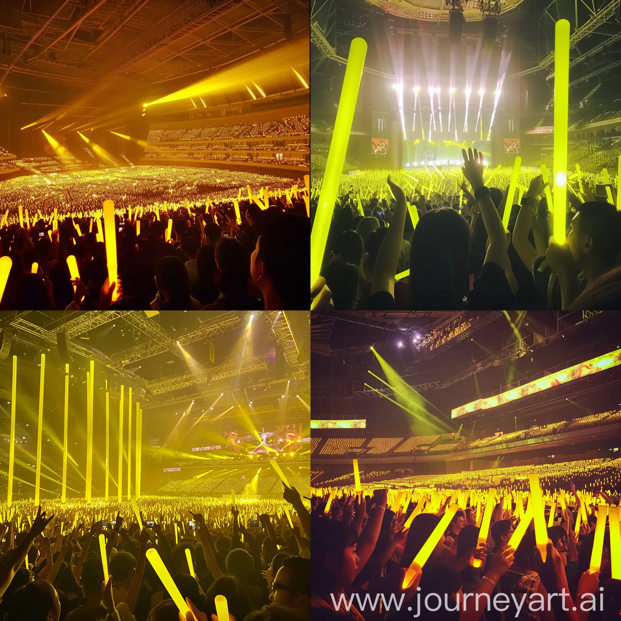 演唱会 鸟巢 全场举着黄色荧光棒 有很多黄色的灯牌
