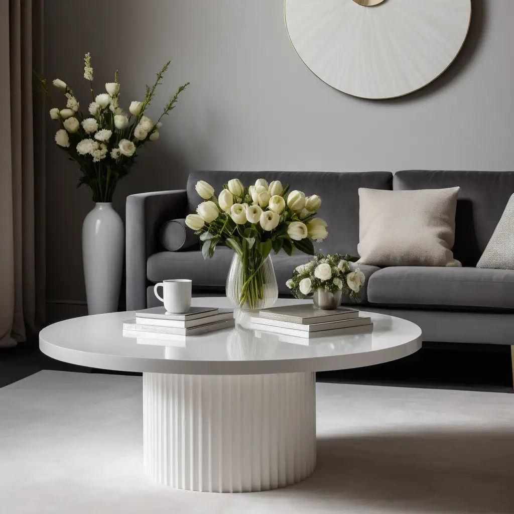 A product photography picture of a white circle coffee table with a single pedestal fluted base  in the centre of a contemporary living room with a vase of flowers on top of it.