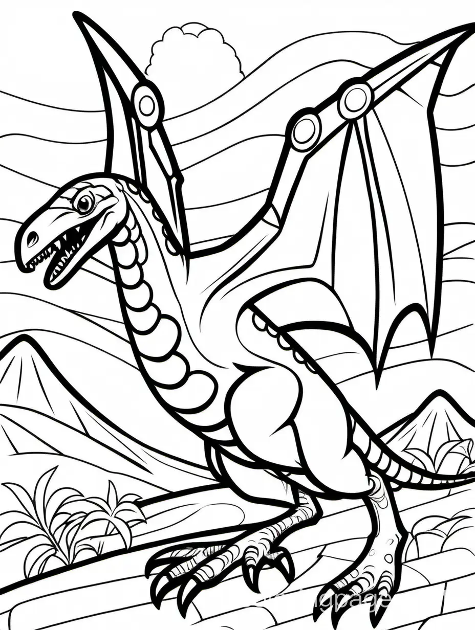 cute black and white pterodactyl dinosaur coloring page with thick lines for young children with simple background, Coloring Page, black and white, line art, white background, Simplicity, Ample White Space. The background of the coloring page is plain white to make it easy for young children to color within the lines. The outlines of all the subjects are easy to distinguish, making it simple for kids to color without too much difficulty
