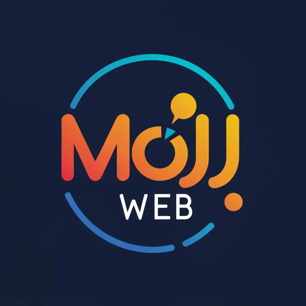 a logo design,with the text "MOJIEWEB", main symbol:MOJIEWEB, containing the letters MJ, then encircle the letters MJ with a circle, with colors including blue and orange.,Minimalistic,be used in Technology industry,clear background