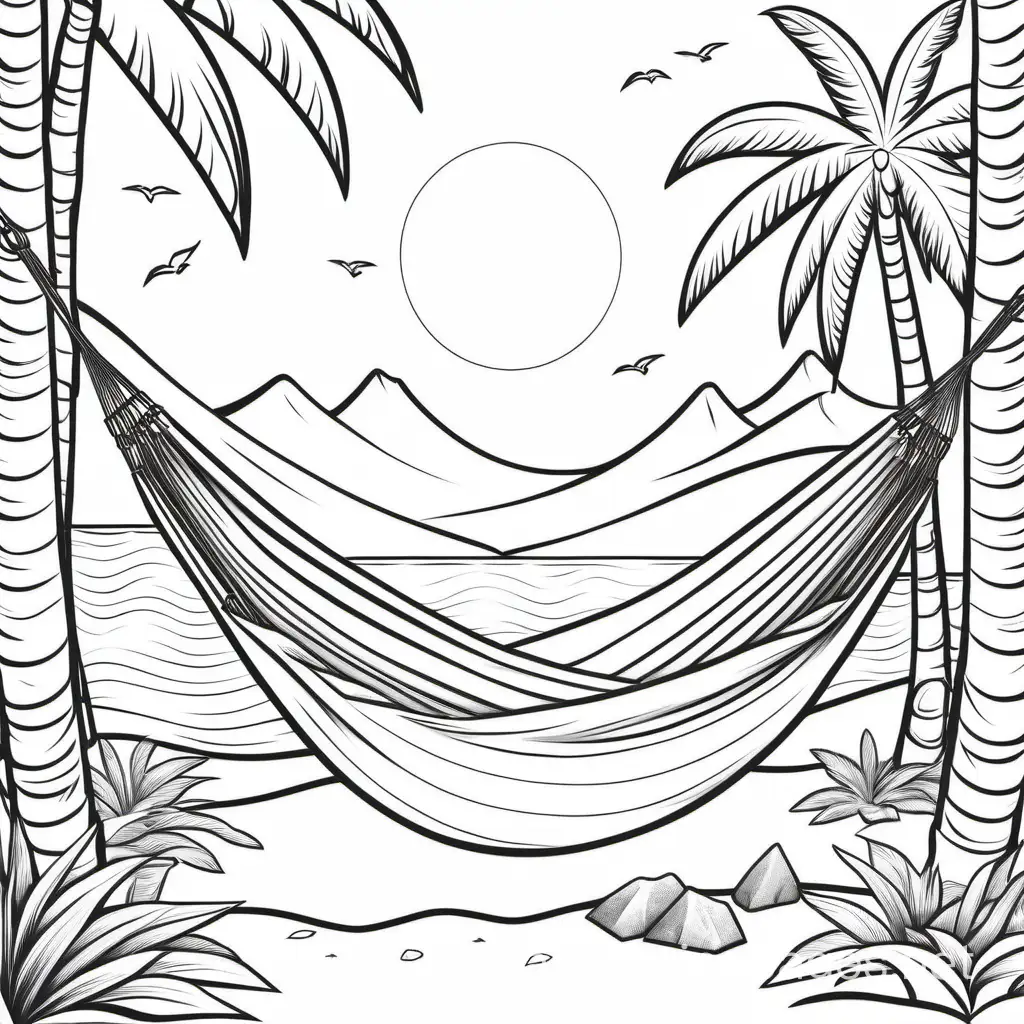 the-great-outdoors theme, camping by the tropical beach, hammock and tent, Coloring Page, black and white, line art, white background, Simplicity, Ample White Space. The background of the coloring page is plain white to make it easy for young children to color within the lines. The outlines of all the subjects are easy to distinguish, making it simple for kids to color without too much difficulty