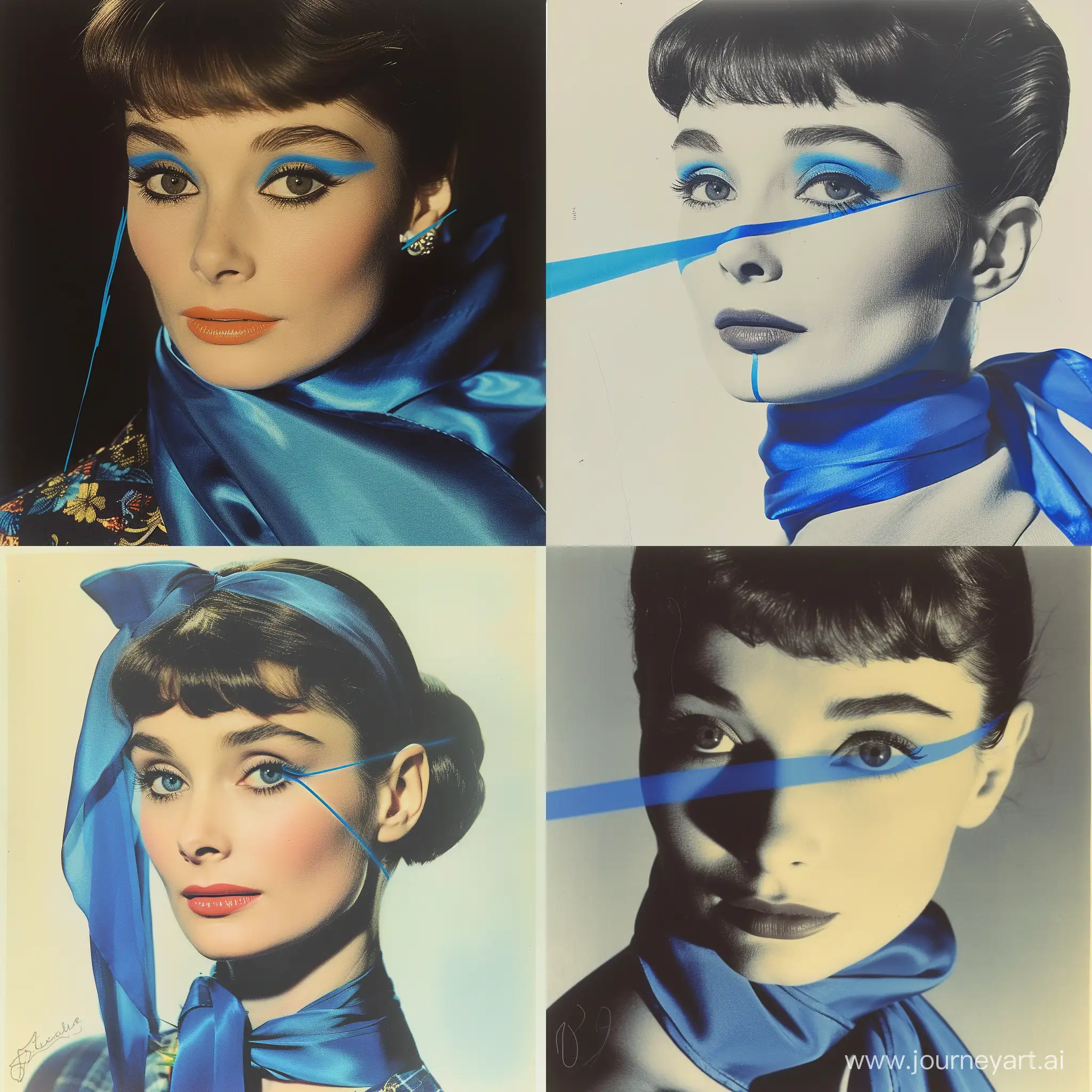 a picture from audrey hepburn who put on a blue scarf and a blue line on her eyes.