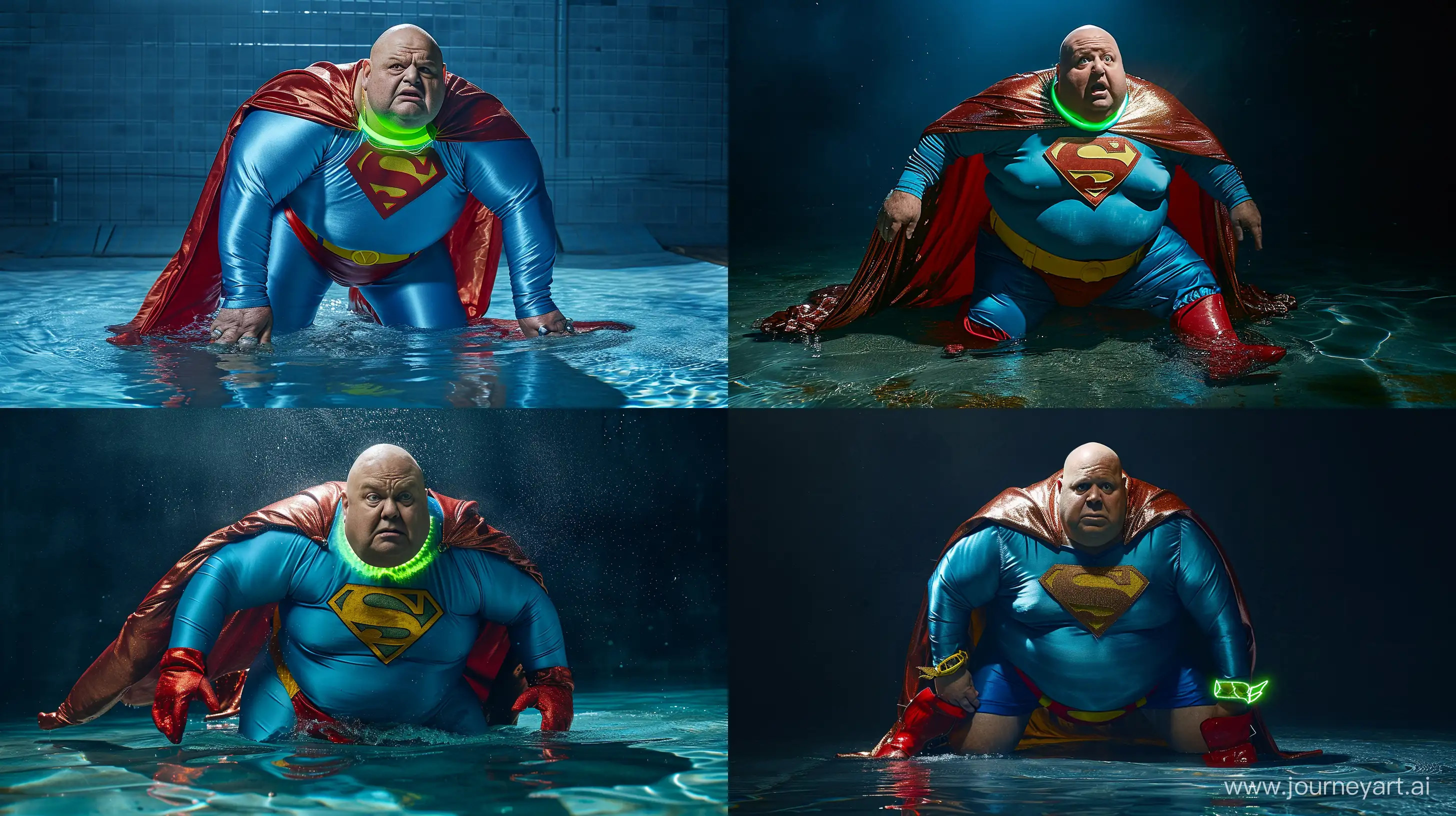 Portrait photo of a chubby man aged 70 wearing a wearing a silky blue superman costume with a large red cape, red boots, blue shirt, blue pants, yellow belt and red trunks. He has a glowing green collar around his neck. He is crawling on all four in a swimming pool and fearful. Bald. Clean Shaven. --style raw --ar 16:9 --v 6