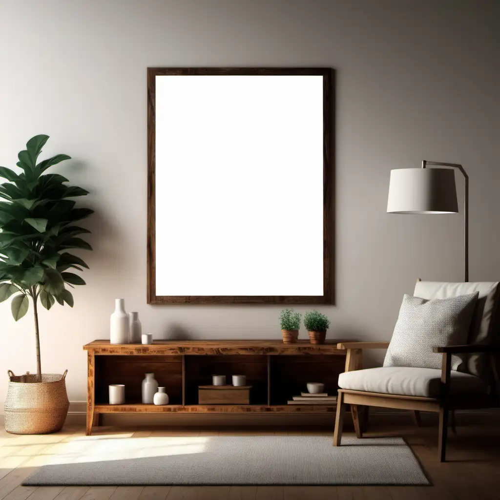 wooden poster white blank frame mockup, reflection, shadow overlay, cozy living room, farmhouse stlyle, warm room, 4K, exclude random objects,