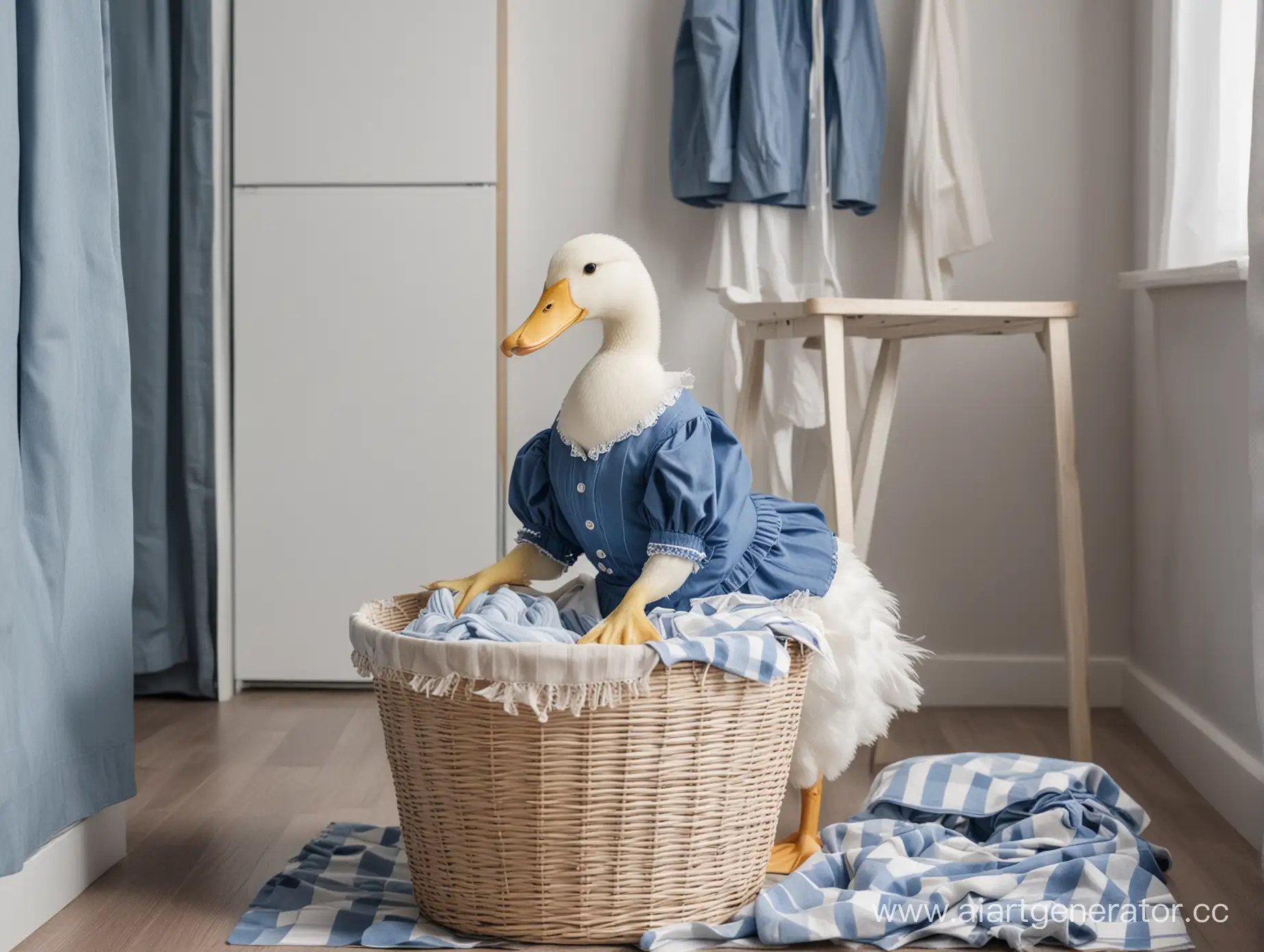 BlueClad-Maid-Duck-with-Laundry-Basket-in-Urban-Apartment