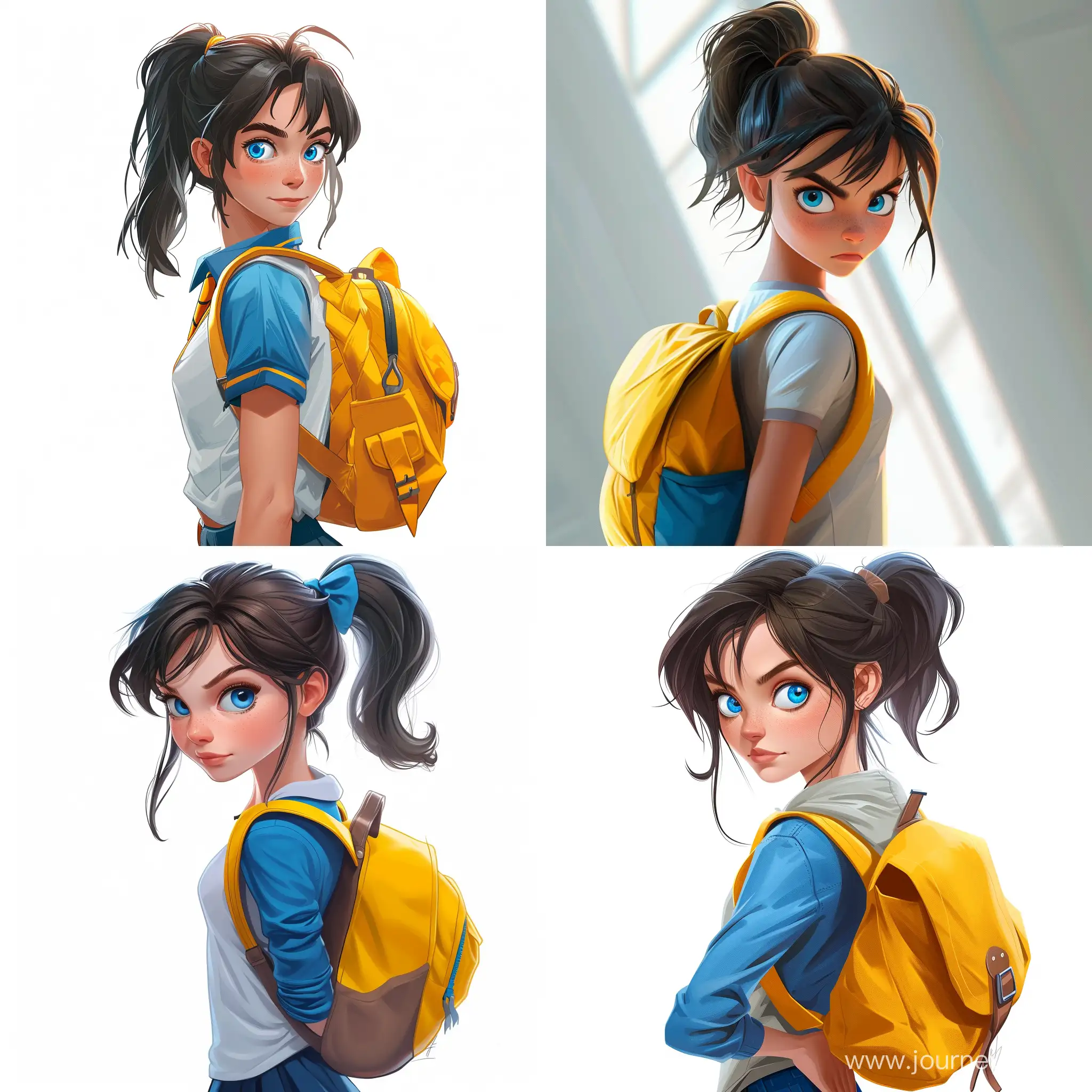 Beautiful girl, disheveled dark hair tied in a ponytail, blue eyes, white skin, teenager, 15 years old, Hogwarts student, Ravenclaw shape: bronze and blue, bright yellow backpack, mocking, full height, high quality, high detail, cartoon art
