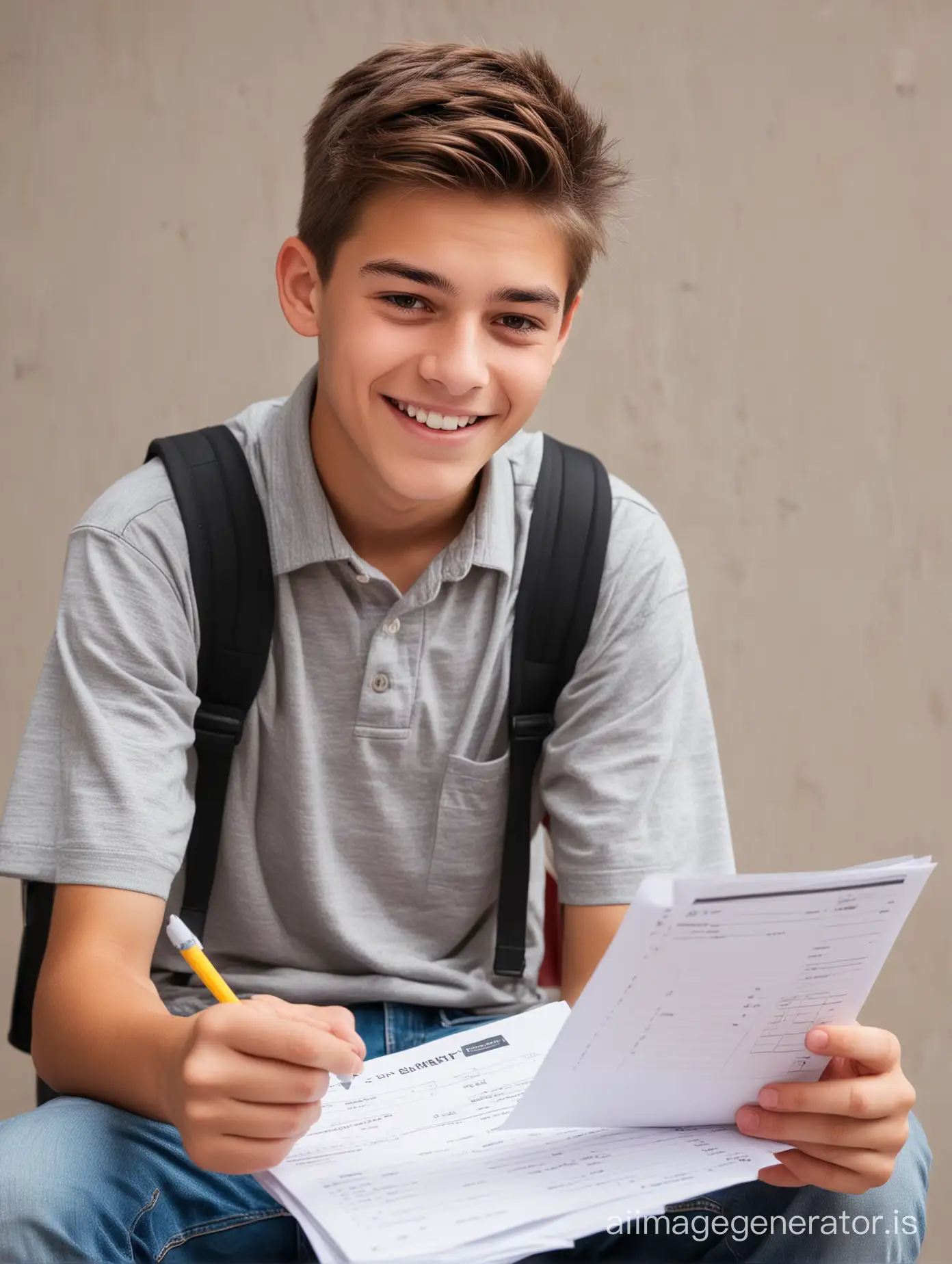 An teenager mischief boy who  looking at his report card with happiness