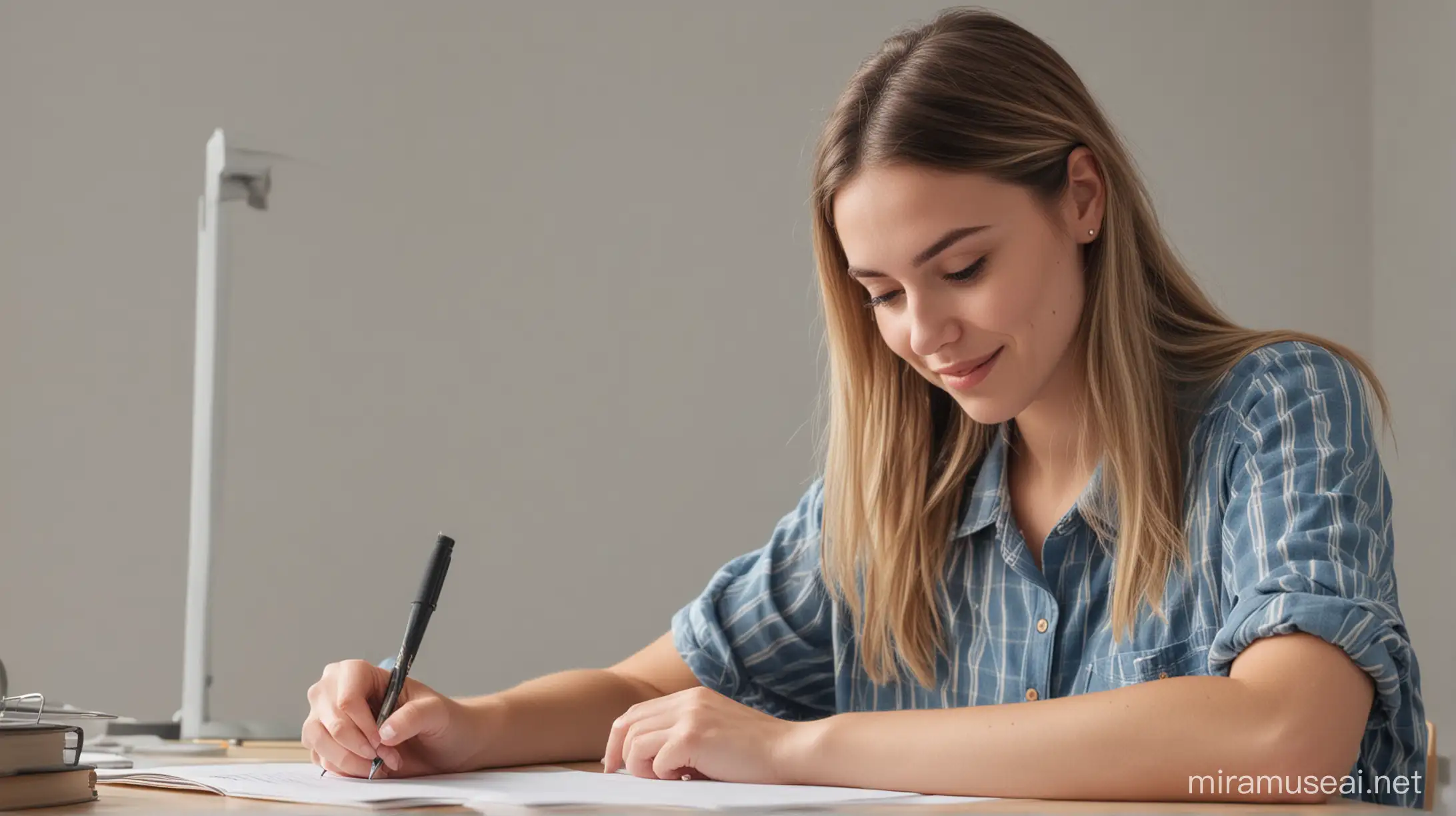 a young woman in her mid-20s is writing at a desk