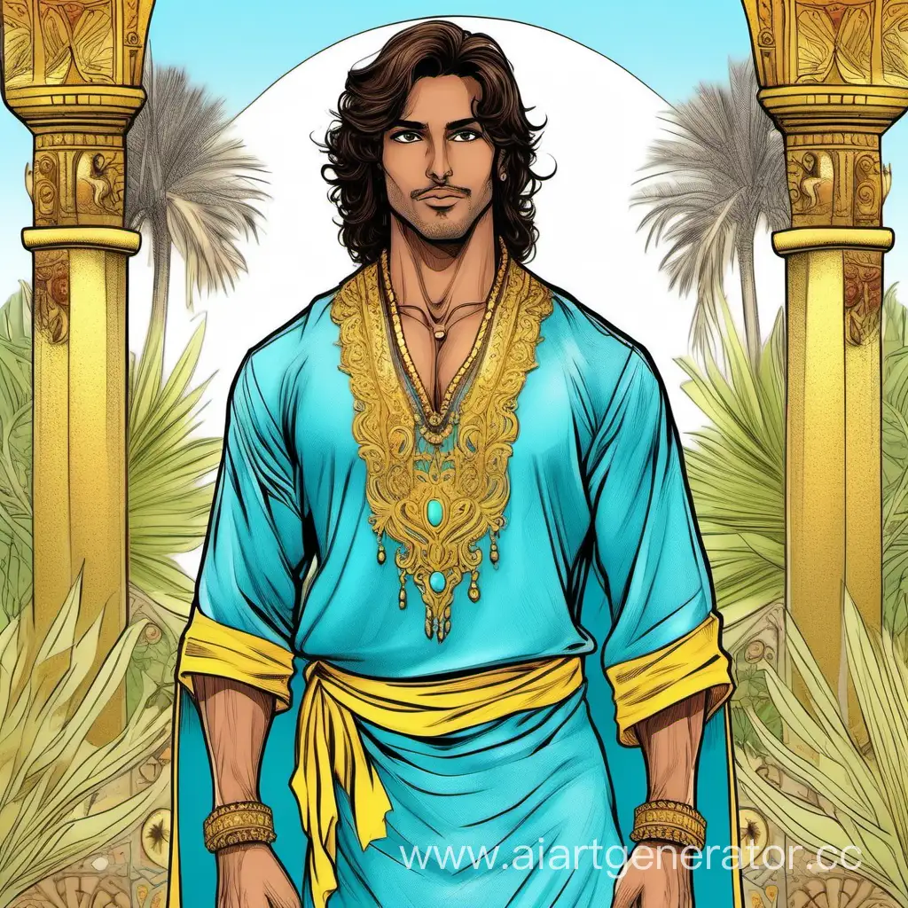 Medieval-Indian-Prince-in-Ornate-Blue-Caftan-amidst-Symmetrical-Tropical-Garden-Drawing