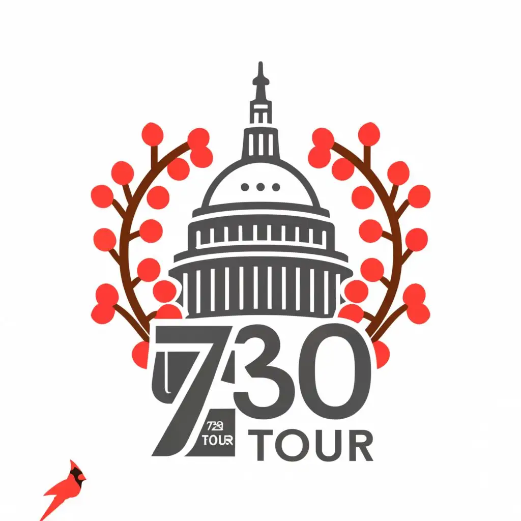 a logo design,with the text "730 Tour", main symbol:Washington DC Capital Building with cherry blossoms on either side, with a small Red Cardinal perched on top,Moderate,be used in Sports Fitness industry,clear background