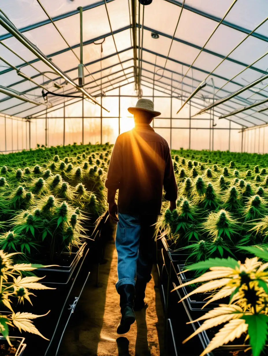 a farmer is in the cannabis greenhouse farm with a beautiful sunrise