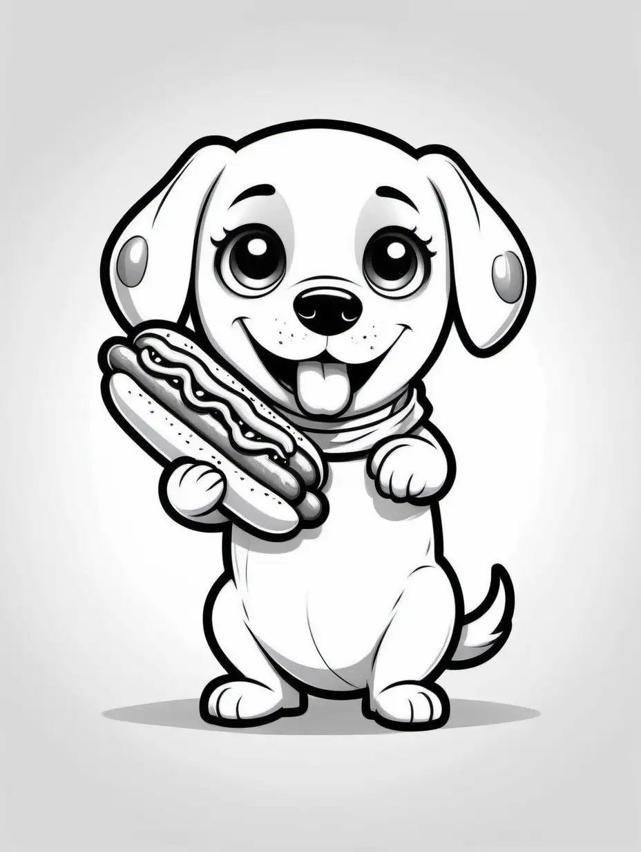 cute dog character, eating a hot dog, big cute eyes, pixar style, simple outline and shapes, coloring page black and white comic book flat vector, white background