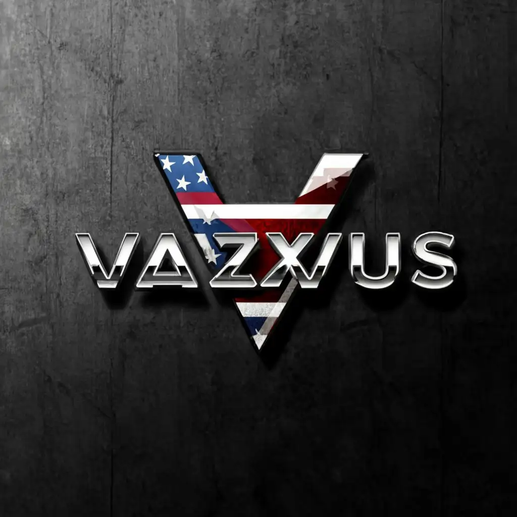 a logo design,with the text Vazxus, main symbol:Make a american flag coloring text saying Vazxus with bold lettering and chrome border/diamondplate with stars and stripes in black and white in the background. spelled V A Z X U S ,complex,be used in Home Family industry,clear background Put the red white and blue with stripes