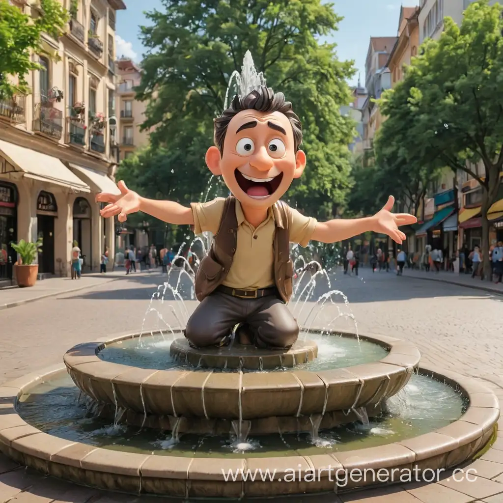 Cartoon-Man-Fountain-in-Urban-Park-Setting