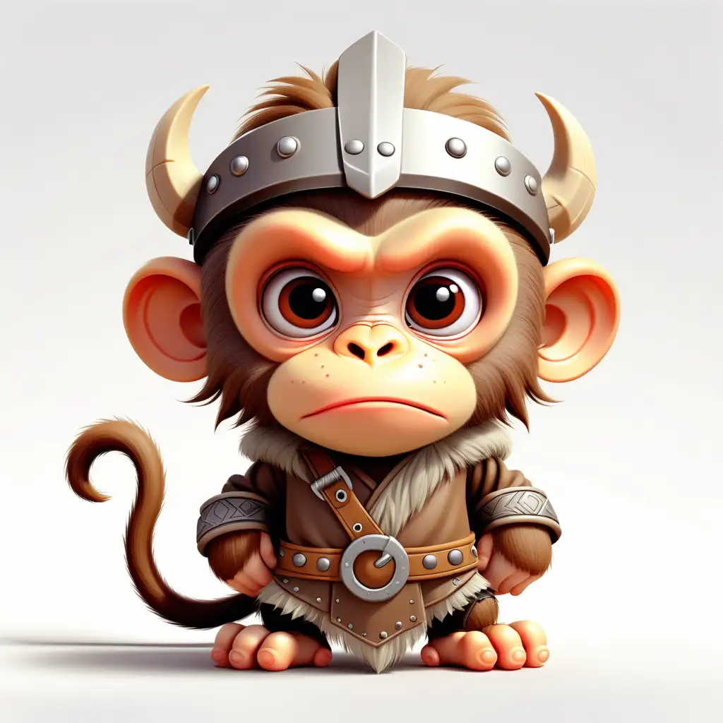 a cute monkey in cartoon style with Viking clothes with white background