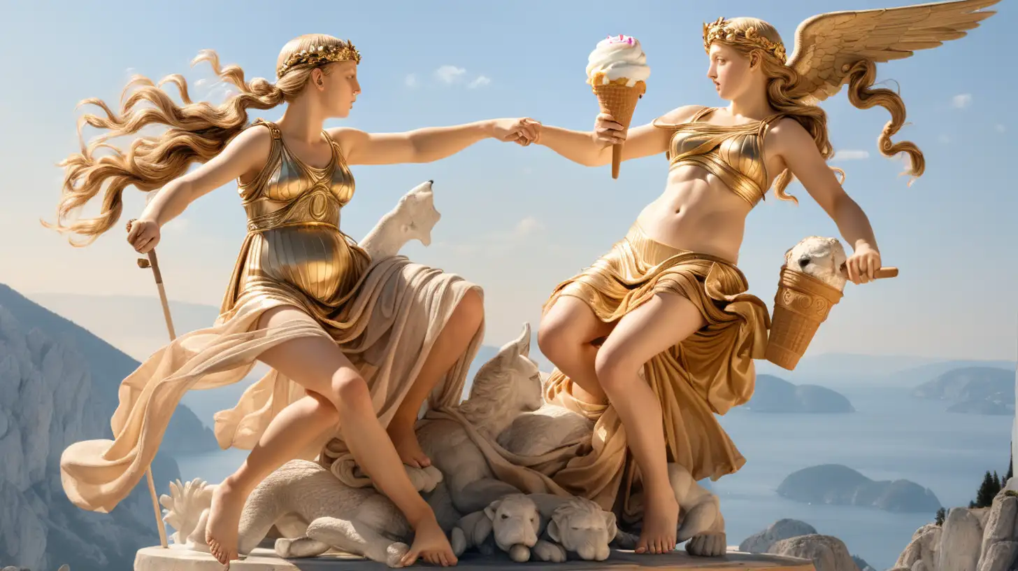Aphrodite fighting Athena on top of a mountain, eating ice cream