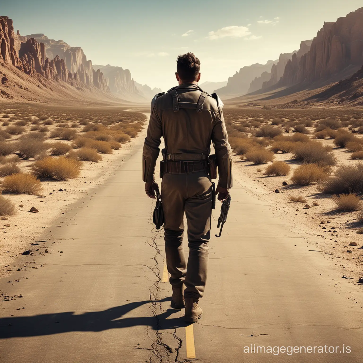 Fallout style man 30s walking on desert road