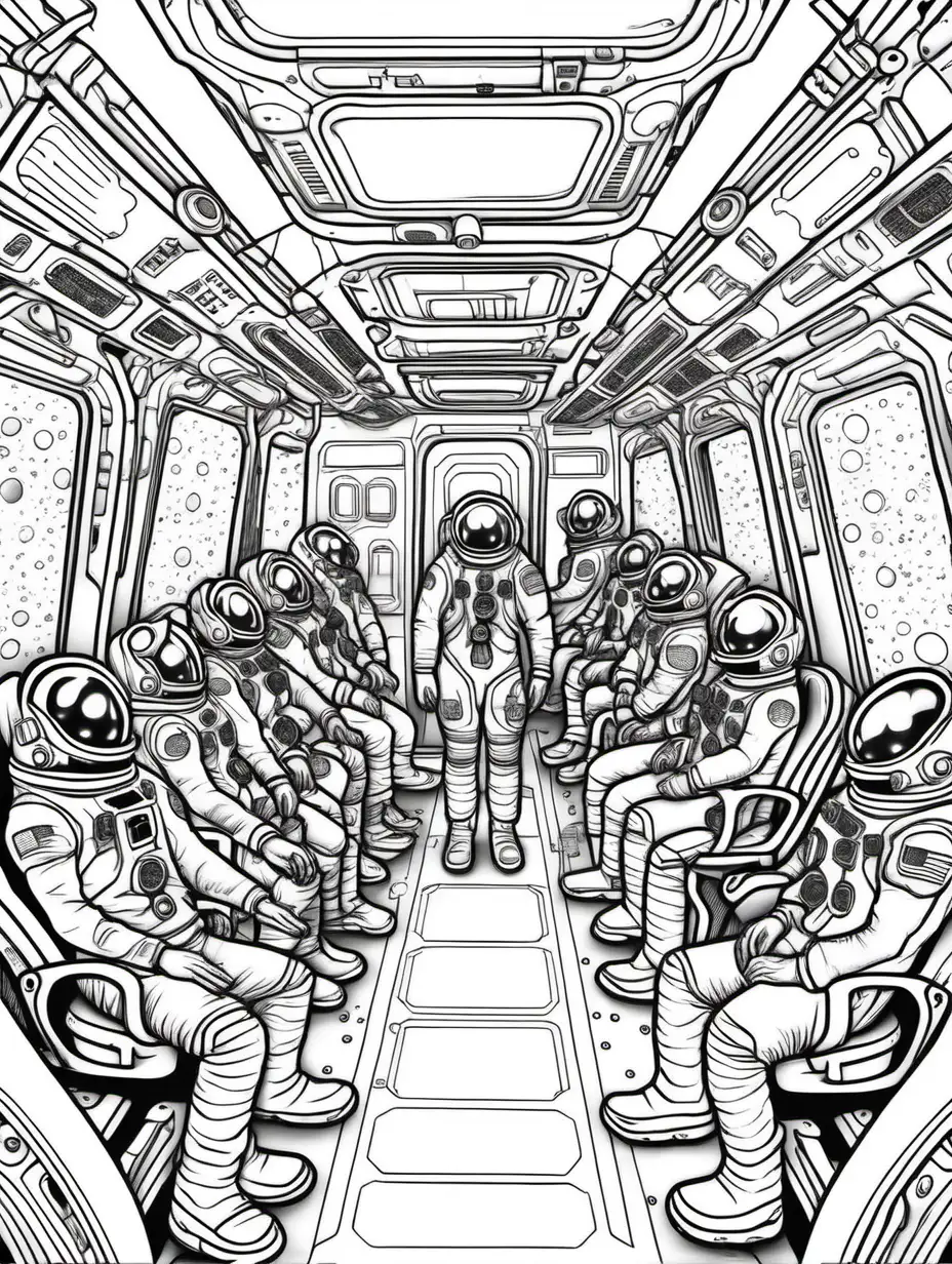Adult Coloring Book: astronauts in artificial hybridization inside high tech spacecraft
