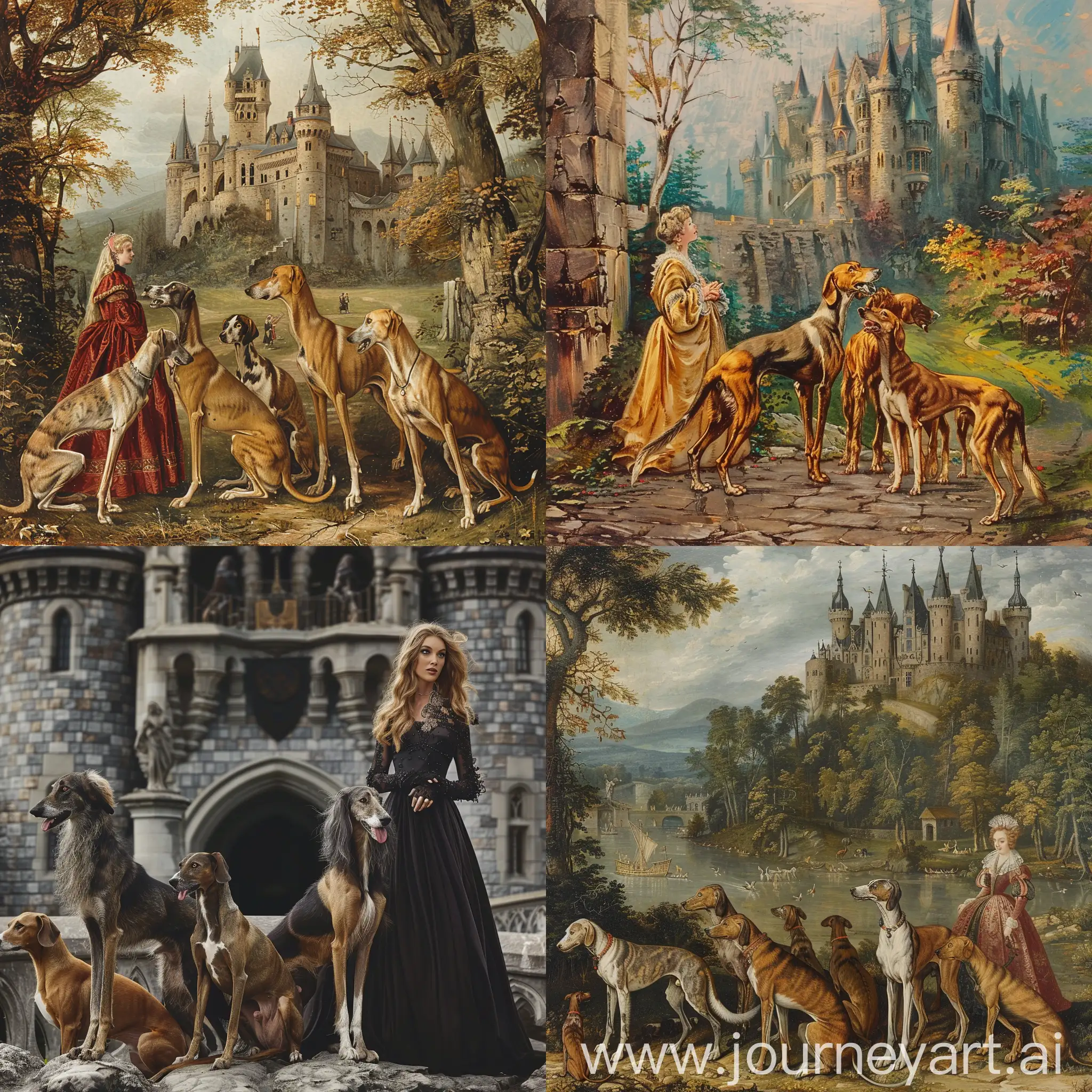 Greyhound, deerhound, Irish wolfhound, whippet and a lady in front of a castle