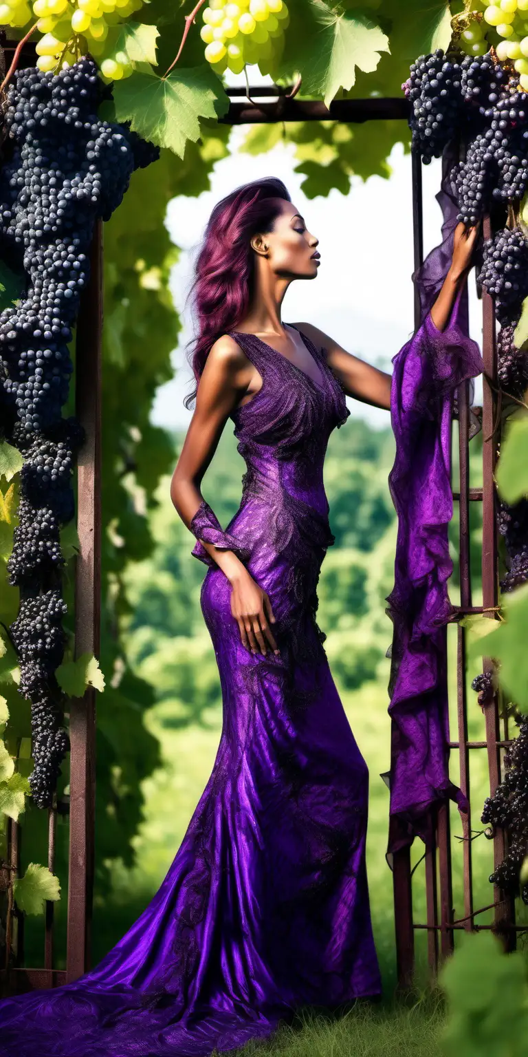 Close up view of elegant tall slim woman in long very detailed dress in mostly purples standing under a grapevine trellis when purple and green grapes are in abundance , majestic , magical , graceful , calm , lush garden vegetation