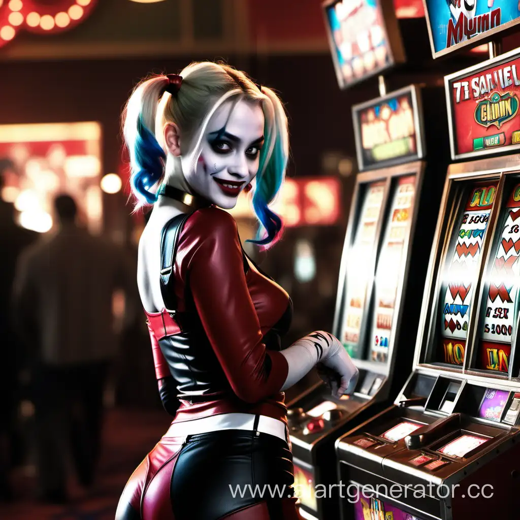 Harley Quinn is playing slot machines, and in the background there is a sign with a link in the bio
