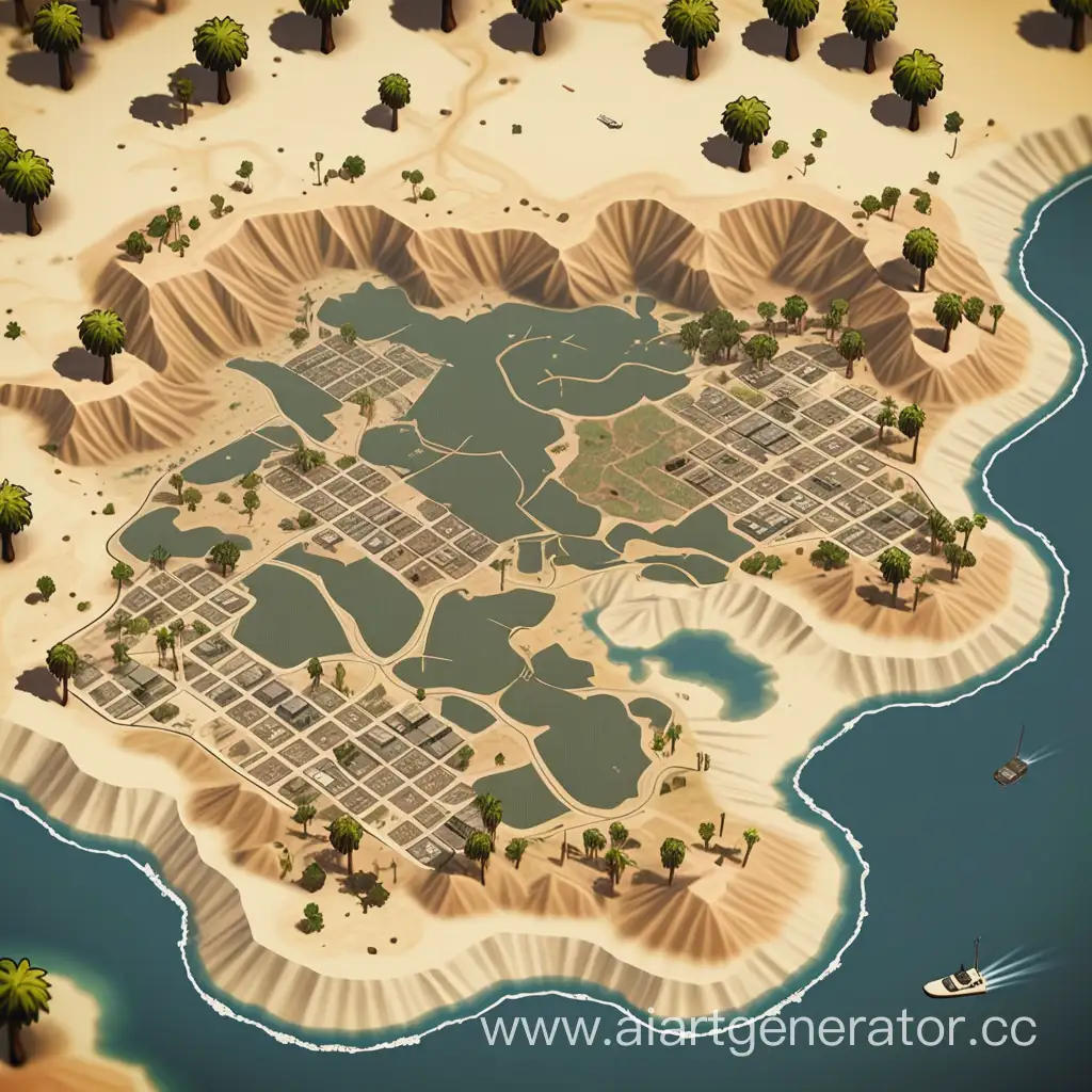 2D top-down view GTA San Andreas map of the island in the middle surrounded by the ocean on all sides, with desert terrain and meadow places, forest and lake