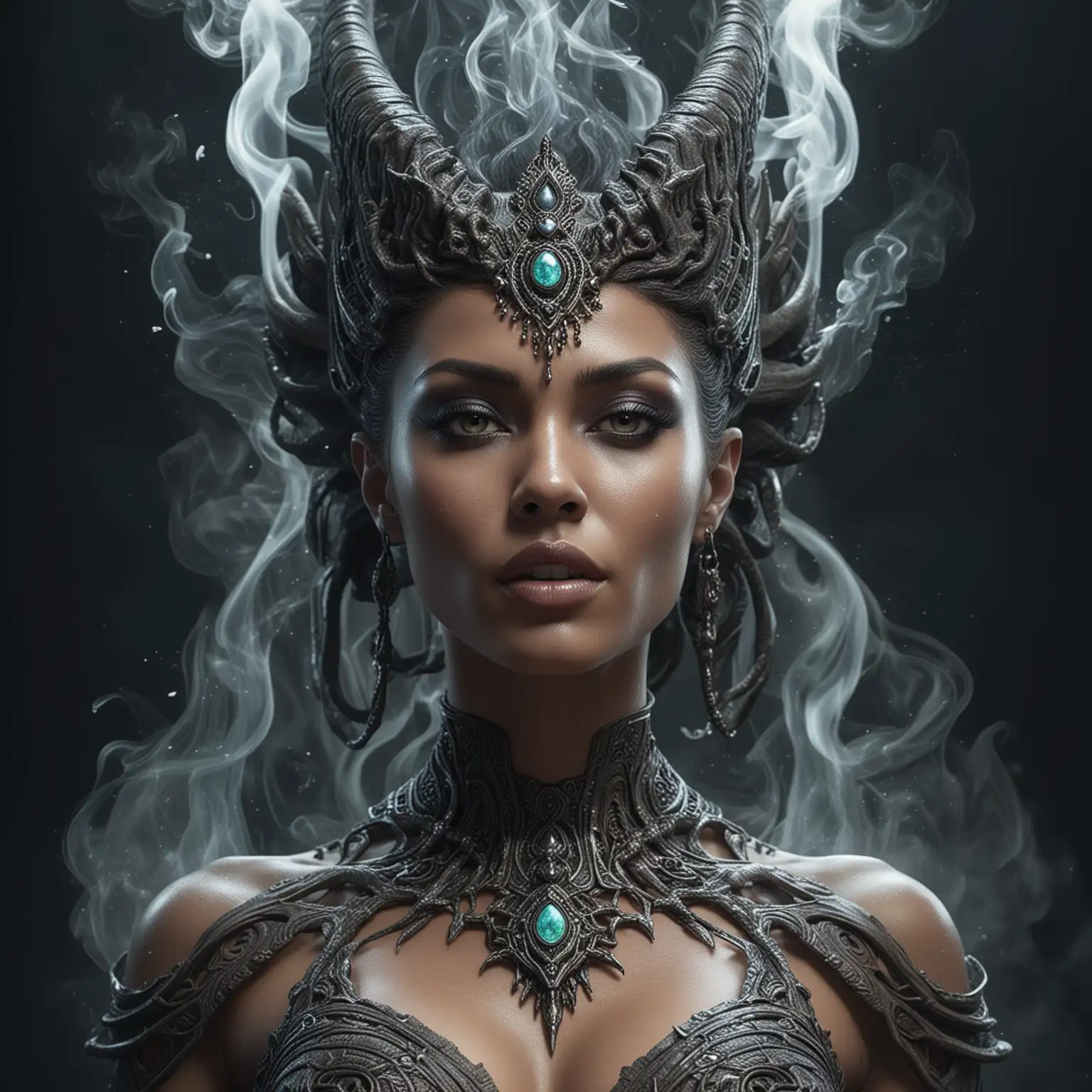 A supernatural alien woman godess, passion, smoke, flirting, highly detailed, dynamic 