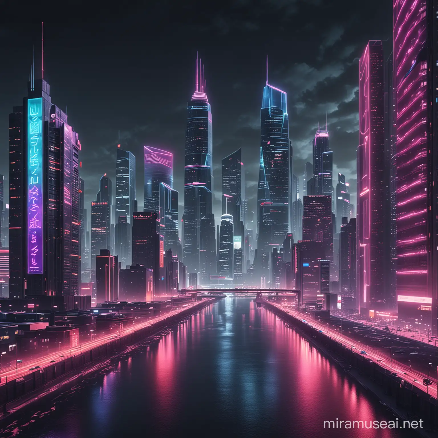 Vibrant Neon City Skyline Illuminated with Cinematic Lighting