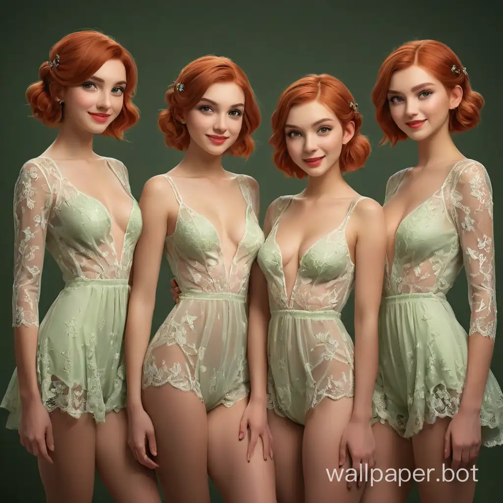 ( intricate details:1.2),  (((knees-length portrait:1.7))), three naked young girls,   little smile, tiny nose, model with sensual lips, mesmerizing realistic big green eyes, chic short red braided hair, hair up, naked waist, three breasts , wearing a lace peignoir, contemporary vibe to the image. unique perspective, the post-processing effects include subtle vignetting and color grading to enhance the urban glamour of the scene.
