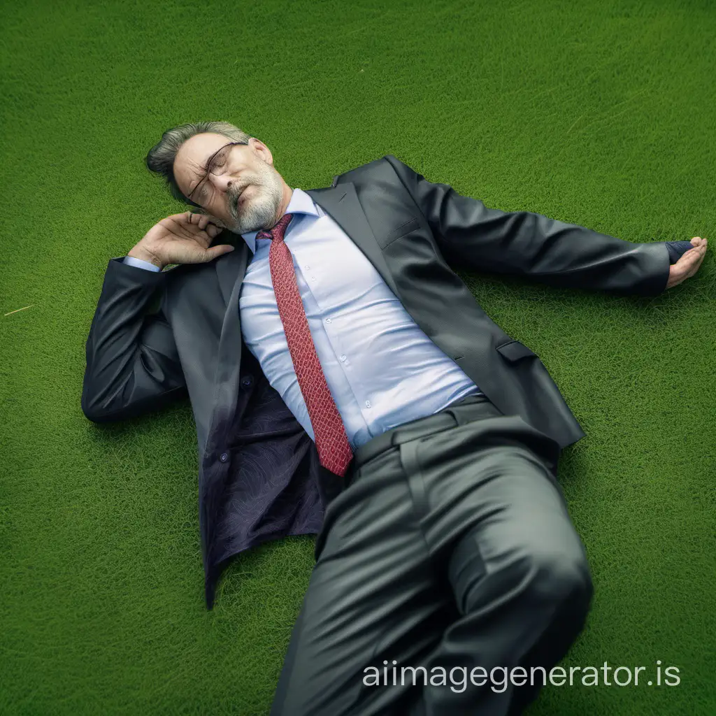 Man of 30 years, dressed in jacket and tie, lying on a green lawn.