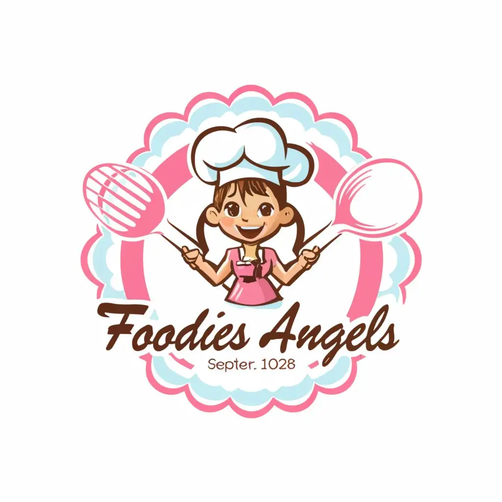 a logo design,with the text "FOODIES ANGELS", main symbol:ROUND LOGO, WITH INFINITY DESIGN LAYER IN ROUND, WHITE AND PINK, GIRL SMILING WEARING CHEF, UNIQUE LOGO,Moderate,be used in Restaurant industry,clear background
