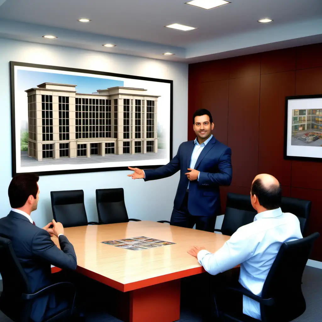 3d image in full color  
male building developer  showing in a board room a  moc op of a 5 storie buiding

